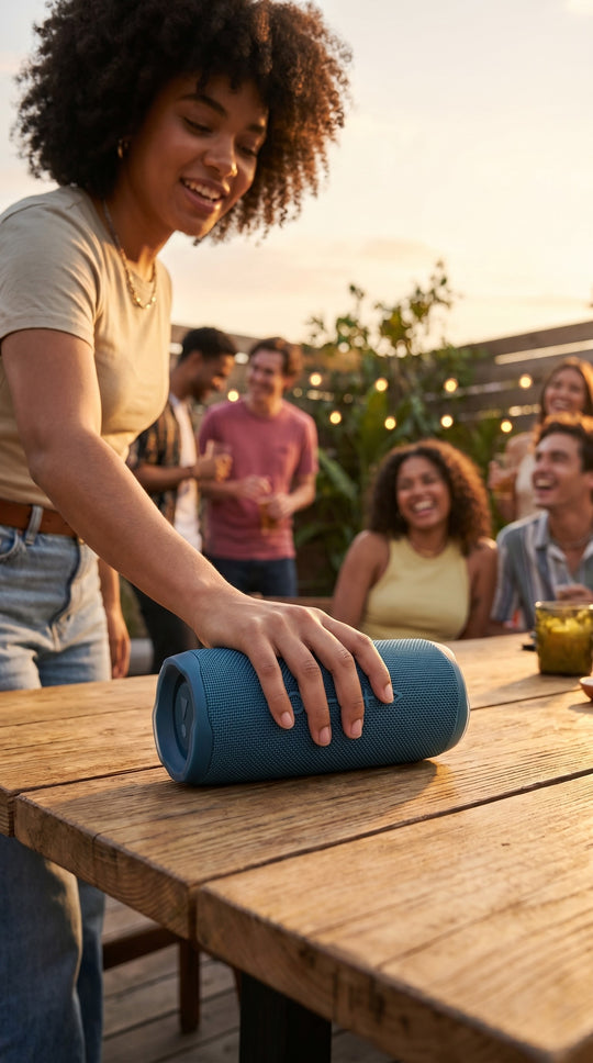 Parlante Bluetooth Flip 6 azul en reunión al aire libre