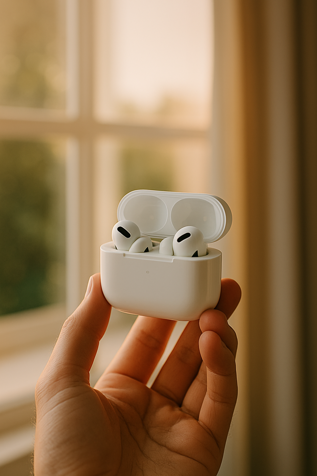 AirPods Pro 2 en mano, con estuche blanco abierto y fondo cálido desenfocado