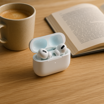 AirPods Pro 2 sobre mesa de madera junto a taza de café y libro abierto