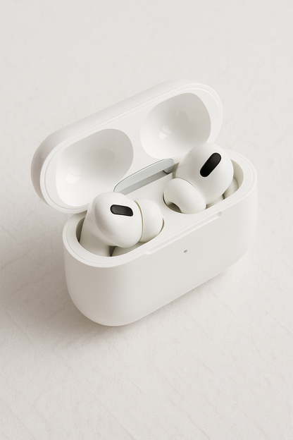 AirPods Pro 2 con estuche blanco sobre superficie blanca iluminada suavemente