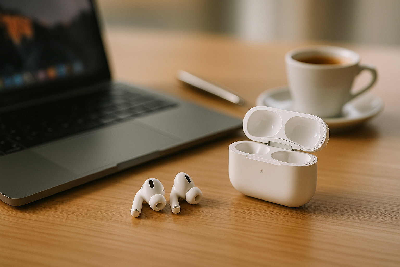 AirPods Pro 2 junto a notebook y café en ambiente de trabajo luminoso