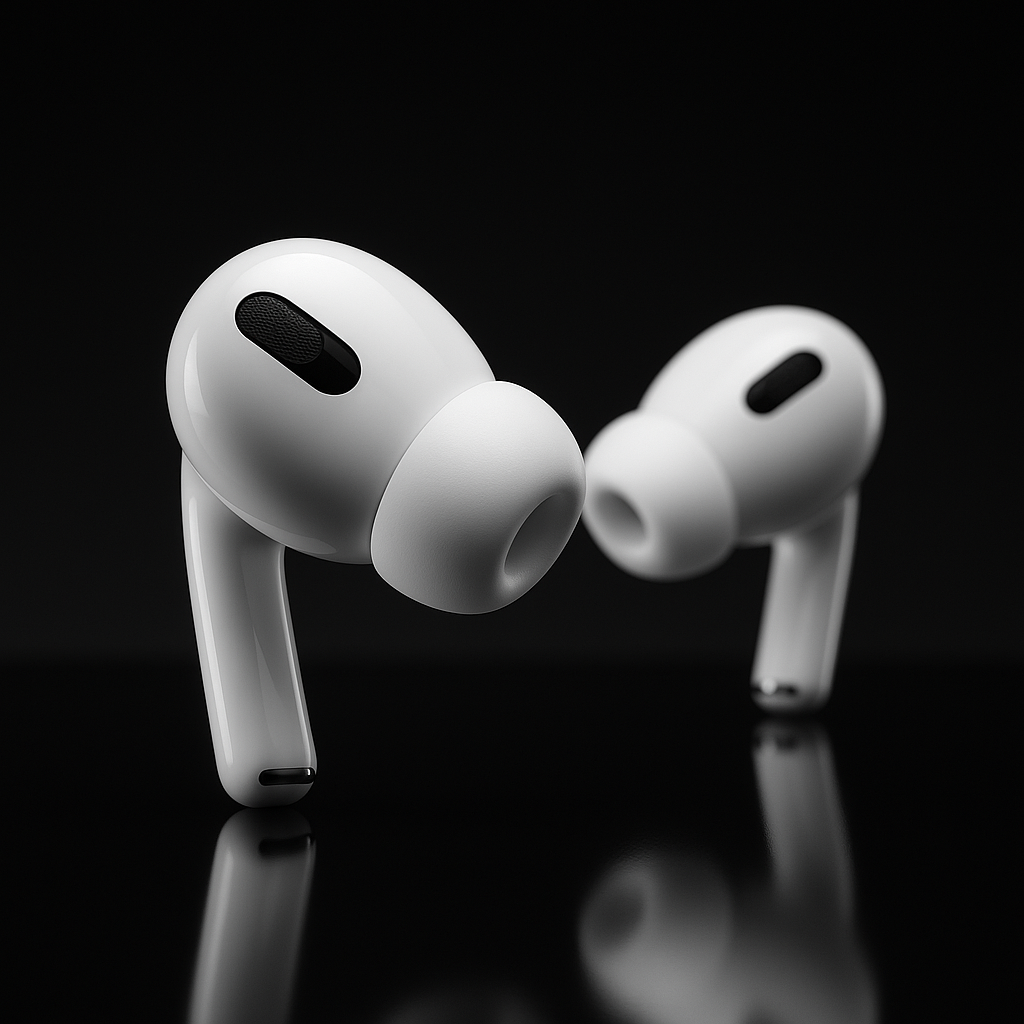 Fotografía artística en blanco y negro de AirPods Pro 2 sobre superficie brillante