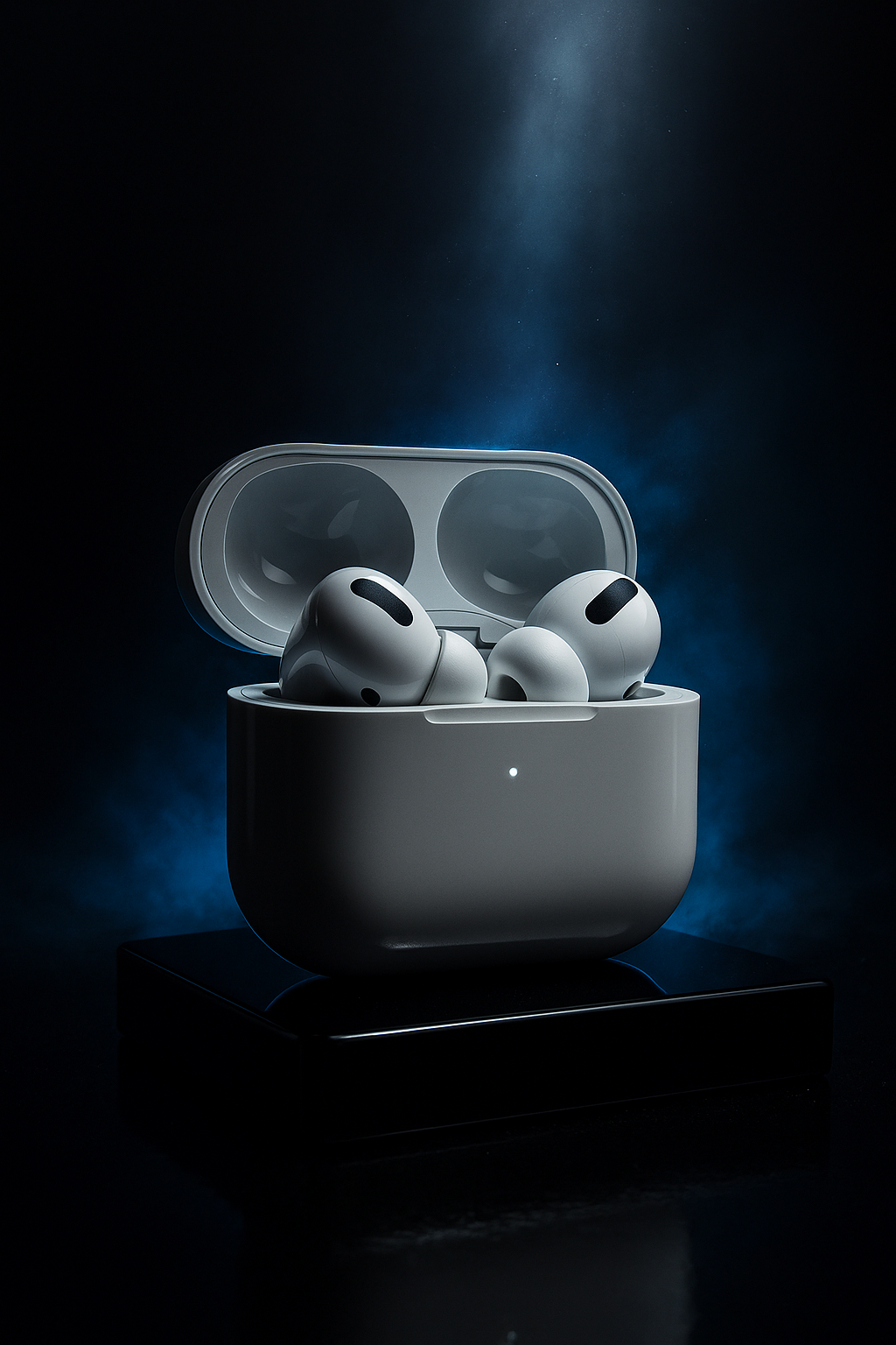 AirPods Pro 2 en estuche blanco sobre base negra con iluminación azul eléctrica estilo Apple