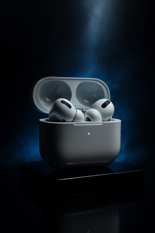 AirPods Pro 2 en estuche blanco sobre base negra con iluminación azul eléctrica estilo Apple